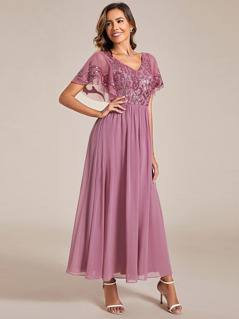 ever HAZEL|Elegant V-Neck Sequin A-Line Short Sleeves Chiffon Midi Formal Dress