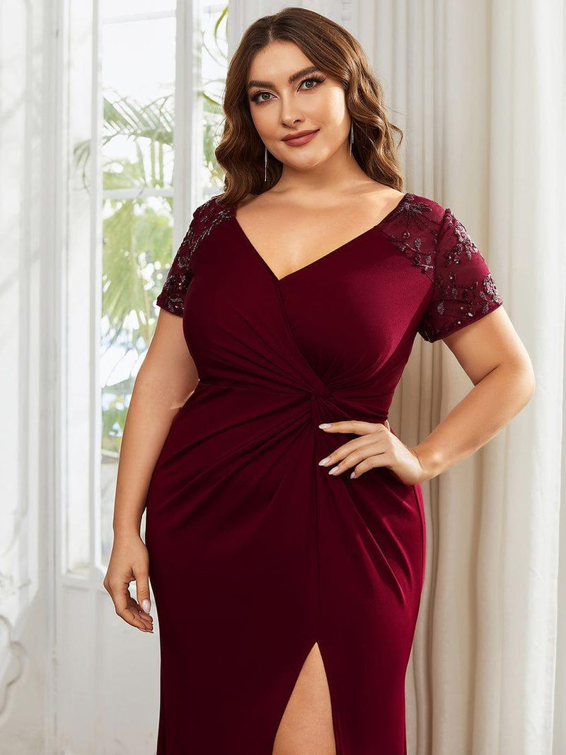 ever GILDED|Deep V-Neck Sequin Short Sleeve High Side Front Slit Mother of the Bride Dresses