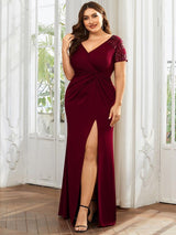 ever GILDED|Deep V-Neck Sequin Short Sleeve High Side Front Slit Mother of the Bride Dresses