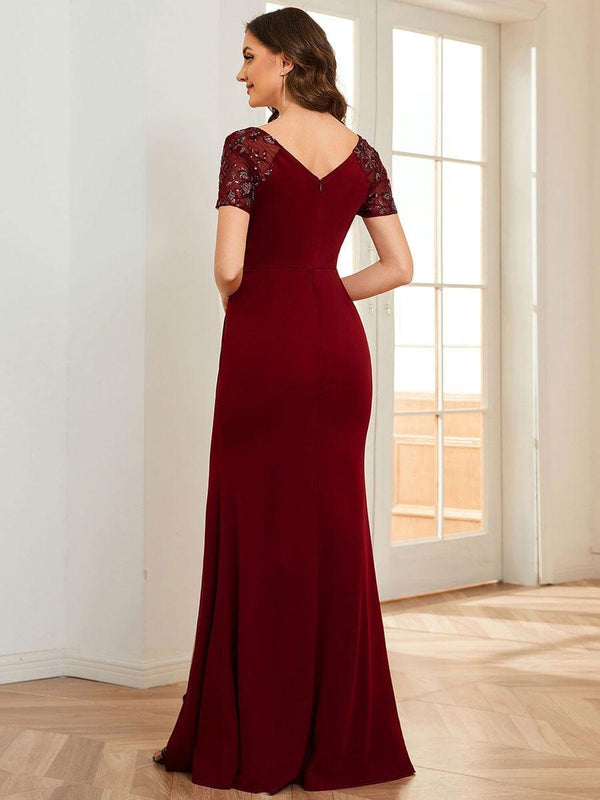 ever GILDED|Deep V-Neck Sequin Short Sleeve High Side Front Slit Mother of the Bride Dresses