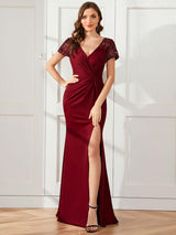 ever GILDED|Deep V-Neck Sequin Short Sleeve High Side Front Slit Mother of the Bride Dresses