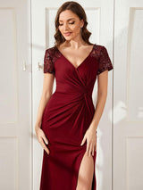 ever GILDED|Deep V-Neck Sequin Short Sleeve High Side Front Slit Mother of the Bride Dresses