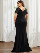 ever GILDED|Deep V-Neck Sequin Short Sleeve High Side Front Slit Mother of the Bride Dresses