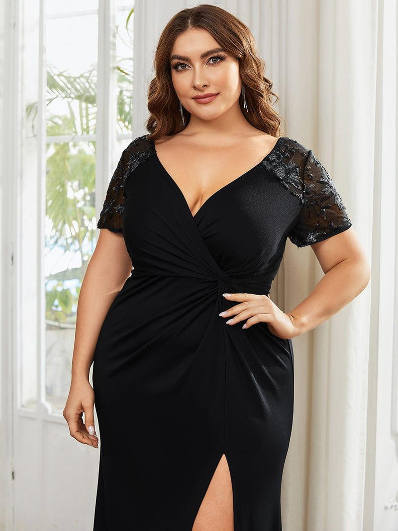 ever GILDED|Deep V-Neck Sequin Short Sleeve High Side Front Slit Mother of the Bride Dresses