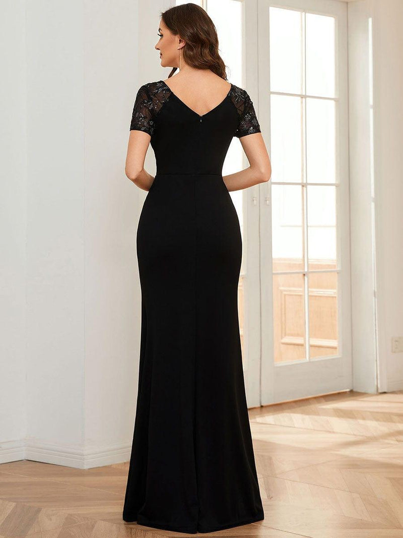 ever GILDED|Deep V-Neck Sequin Short Sleeve High Side Front Slit Mother of the Bride Dresses