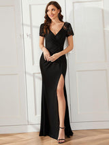 ever GILDED|Deep V-Neck Sequin Short Sleeve High Side Front Slit Mother of the Bride Dresses