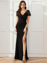 ever GILDED|Deep V-Neck Sequin Short Sleeve High Side Front Slit Mother of the Bride Dresses