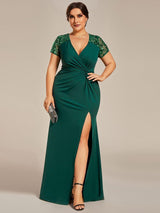 ever GILDED|Deep V-Neck Sequin Short Sleeve High Side Front Slit Mother of the Bride Dresses