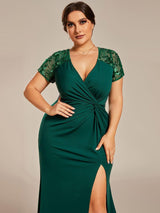 ever GILDED|Deep V-Neck Sequin Short Sleeve High Side Front Slit Mother of the Bride Dresses