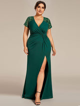 pretty GILDED|Plus Size Front Slit Short Sleeve With Sequin Mother of the Bride Dresses