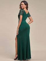 ever GILDED|Deep V-Neck Sequin Short Sleeve High Side Front Slit Mother of the Bride Dresses