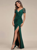 ever GILDED|Deep V-Neck Sequin Short Sleeve High Side Front Slit Mother of the Bride Dresses