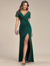 ever GILDED|Deep V-Neck Sequin Short Sleeve High Side Front Slit Mother of the Bride Dresses