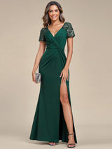 ever GILDED|Deep V-Neck Sequin Short Sleeve High Side Front Slit Mother of the Bride Dresses