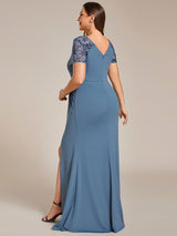 ever GILDED|Deep V-Neck Sequin Short Sleeve High Side Front Slit Mother of the Bride Dresses