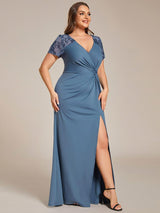 pretty GILDED|Plus Size Front Slit Short Sleeve With Sequin Mother of the Bride Dresses