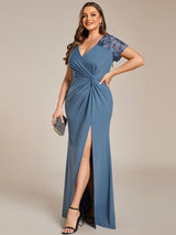 pretty GILDED|Plus Size Front Slit Short Sleeve With Sequin Mother of the Bride Dresses