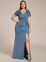 ever GILDED|Deep V-Neck Sequin Short Sleeve High Side Front Slit Mother of the Bride Dresses
