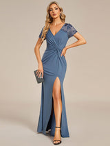 ever GILDED|Deep V-Neck Sequin Short Sleeve High Side Front Slit Mother of the Bride Dresses