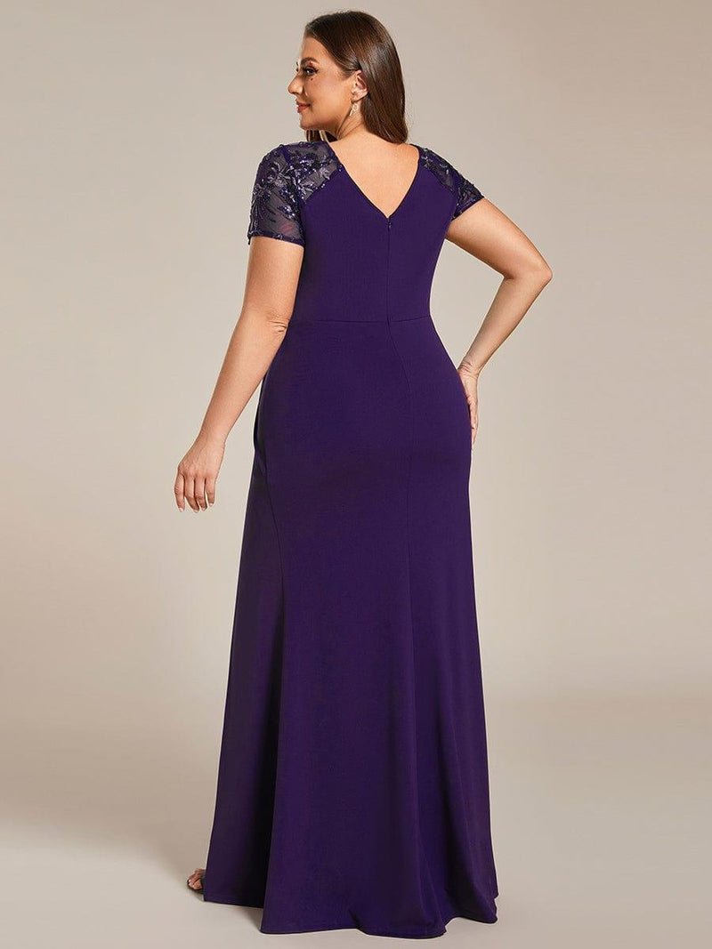 ever GILDED|Deep V-Neck Sequin Short Sleeve High Side Front Slit Mother of the Bride Dresses