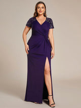 pretty GILDED|Plus Size Front Slit Short Sleeve With Sequin Mother of the Bride Dresses