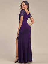 ever GILDED|Deep V-Neck Sequin Short Sleeve High Side Front Slit Mother of the Bride Dresses