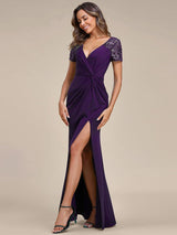 ever GILDED|Deep V-Neck Sequin Short Sleeve High Side Front Slit Mother of the Bride Dresses