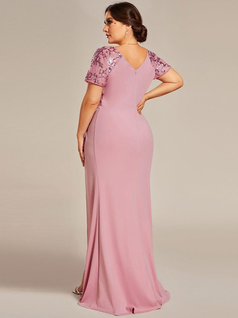 ever GILDED|Deep V-Neck Sequin Short Sleeve High Side Front Slit Mother of the Bride Dresses