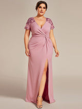 pretty GILDED|Plus Size Front Slit Short Sleeve With Sequin Mother of the Bride Dresses
