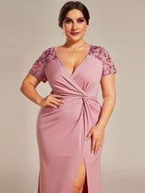ever GILDED|Deep V-Neck Sequin Short Sleeve High Side Front Slit Mother of the Bride Dresses
