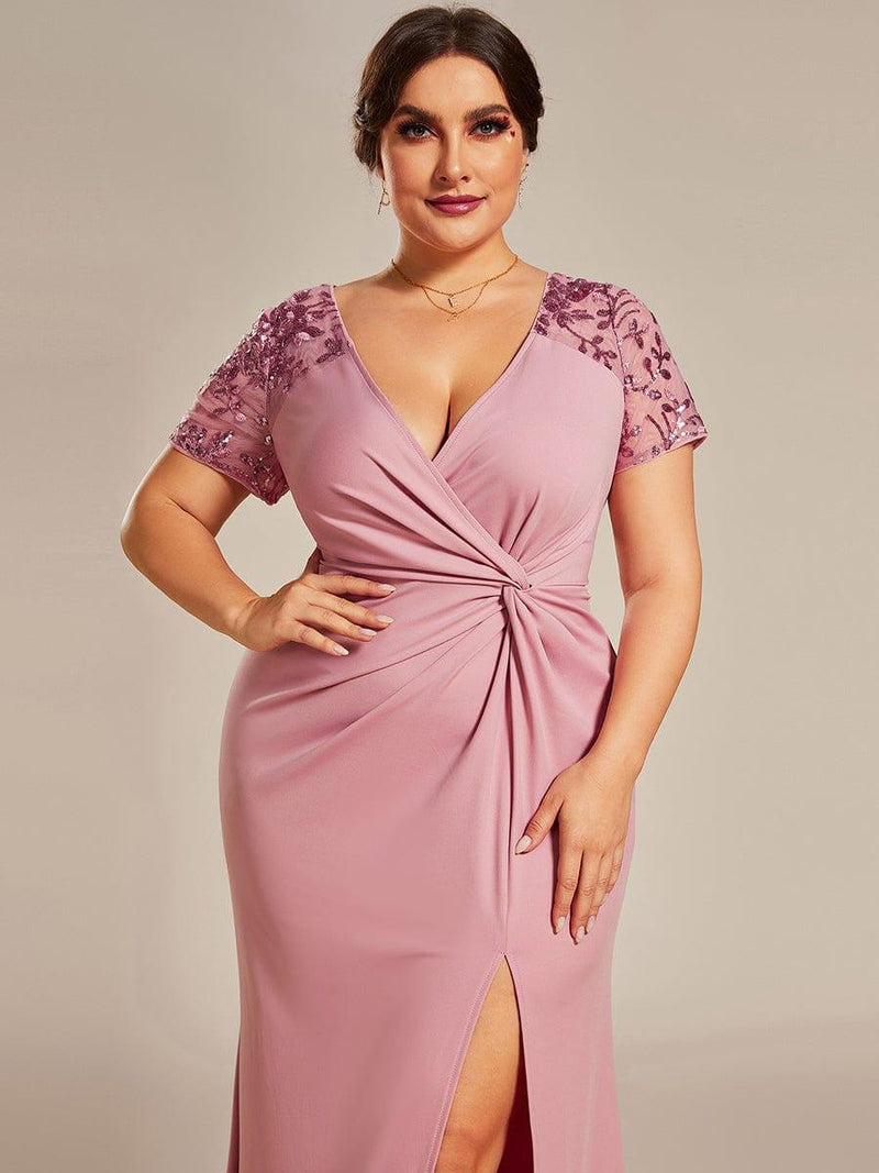 ever GILDED|Deep V-Neck Sequin Short Sleeve High Side Front Slit Mother of the Bride Dresses