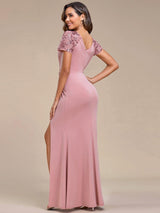 ever GILDED|Deep V-Neck Sequin Short Sleeve High Side Front Slit Mother of the Bride Dresses