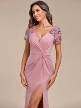 ever GILDED|Deep V-Neck Sequin Short Sleeve High Side Front Slit Mother of the Bride Dresses