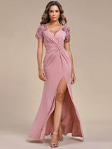 ever GILDED|Deep V-Neck Sequin Short Sleeve High Side Front Slit Mother of the Bride Dresses