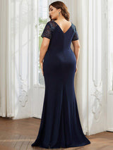ever GILDED|Deep V-Neck Sequin Short Sleeve High Side Front Slit Mother of the Bride Dresses