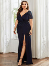 pretty GILDED|Plus Size Front Slit Short Sleeve With Sequin Mother of the Bride Dresses