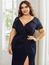 ever GILDED|Deep V-Neck Sequin Short Sleeve High Side Front Slit Mother of the Bride Dresses
