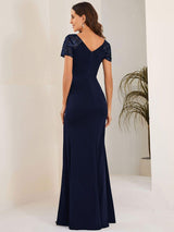 ever GILDED|Deep V-Neck Sequin Short Sleeve High Side Front Slit Mother of the Bride Dresses