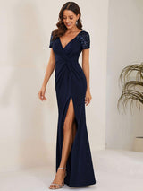 ever GILDED|Deep V-Neck Sequin Short Sleeve High Side Front Slit Mother of the Bride Dresses