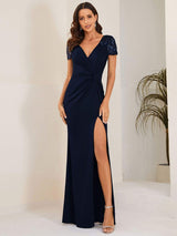 ever GILDED|Deep V-Neck Sequin Short Sleeve High Side Front Slit Mother of the Bride Dresses