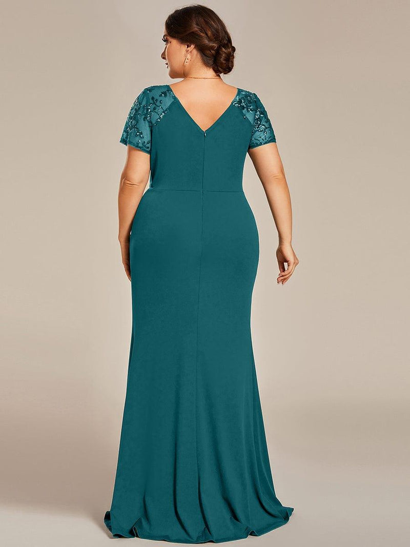 ever GILDED|Deep V-Neck Sequin Short Sleeve High Side Front Slit Mother of the Bride Dresses
