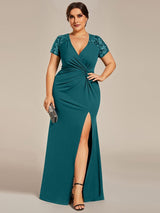 ever GILDED|Deep V-Neck Sequin Short Sleeve High Side Front Slit Mother of the Bride Dresses