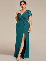 ever GILDED|Deep V-Neck Sequin Short Sleeve High Side Front Slit Mother of the Bride Dresses