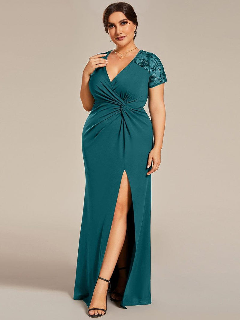 ever GILDED|Deep V-Neck Sequin Short Sleeve High Side Front Slit Mother of the Bride Dresses