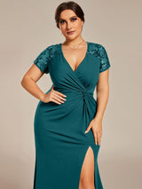 ever GILDED|Deep V-Neck Sequin Short Sleeve High Side Front Slit Mother of the Bride Dresses