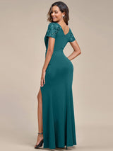 ever GILDED|Deep V-Neck Sequin Short Sleeve High Side Front Slit Mother of the Bride Dresses