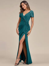 ever GILDED|Deep V-Neck Sequin Short Sleeve High Side Front Slit Mother of the Bride Dresses
