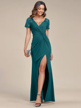 ever GILDED|Deep V-Neck Sequin Short Sleeve High Side Front Slit Mother of the Bride Dresses