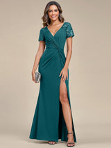 ever GILDED|Deep V-Neck Sequin Short Sleeve High Side Front Slit Mother of the Bride Dresses