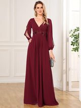 ever AMOUR|Elegant Chiffon V-Neckline Long Sleeve Formal Evening Dress